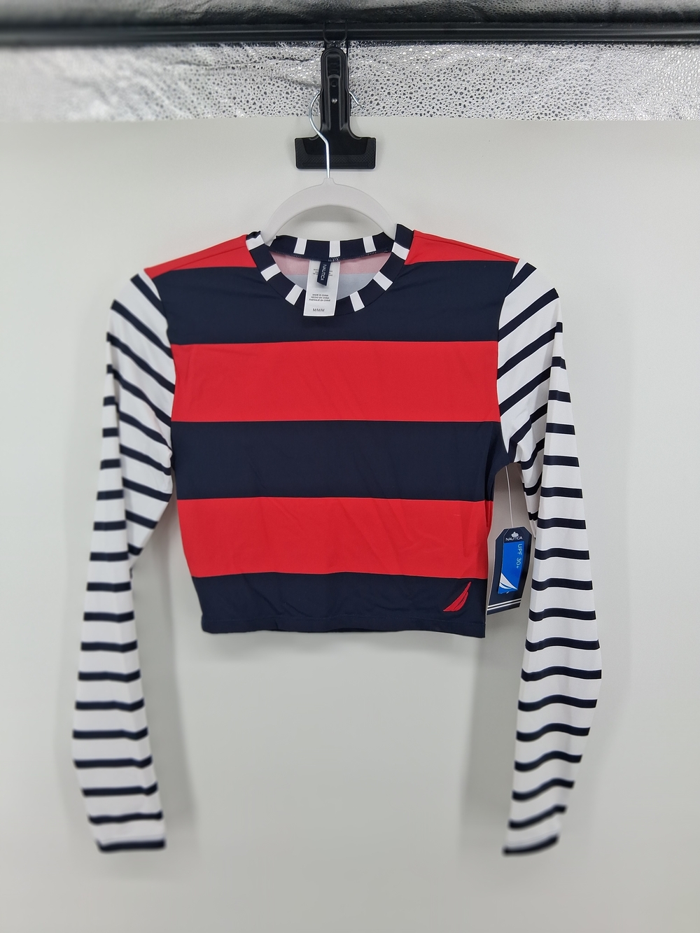 Nautica Red, Navy and White Striped Long-Sleeve Crop Rash Guard